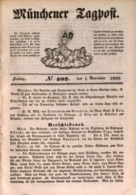 Münchener Tagpost (Münchener Morgenblatt) Freitag 1. November 1839