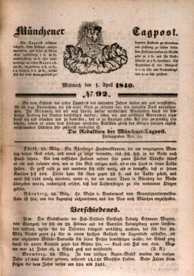 Münchener Tagpost (Münchener Morgenblatt) Mittwoch 1. April 1840