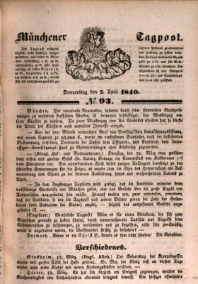 Münchener Tagpost (Münchener Morgenblatt) Donnerstag 2. April 1840