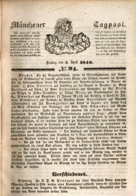 Münchener Tagpost (Münchener Morgenblatt) Freitag 3. April 1840