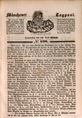 Münchener Tagpost (Münchener Morgenblatt) Donnerstag 16. April 1840