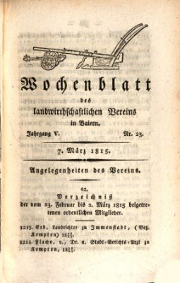 Wochenblatt des Landwirtschaftlichen Vereins in Bayern Mittwoch 8. März 1815