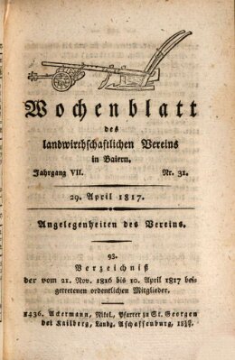 Wochenblatt des Landwirtschaftlichen Vereins in Bayern Dienstag 29. April 1817