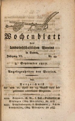 Wochenblatt des Landwirtschaftlichen Vereins in Bayern Mittwoch 3. September 1817