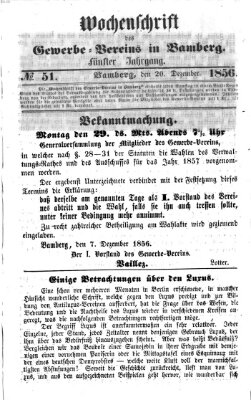 Wochenschrift des Gewerbe-Vereins Bamberg Samstag 20. Dezember 1856