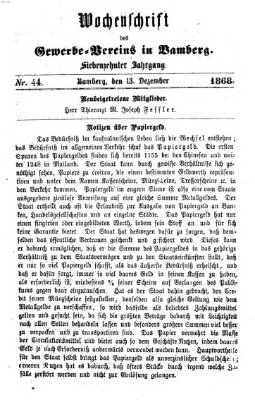 Wochenschrift des Gewerbe-Vereins Bamberg Freitag 13. Dezember 1867