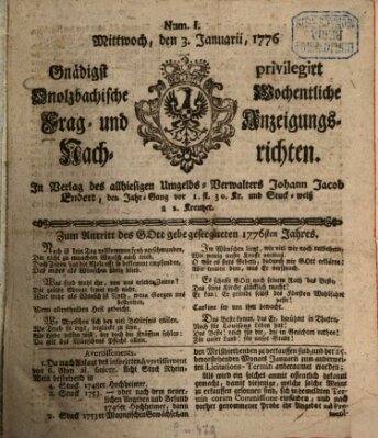 Onolzbachische wochentliche Frag- und Anzeigungsnachrichten (Ansbacher Intelligenz-Zeitung) Mittwoch 3. Januar 1776