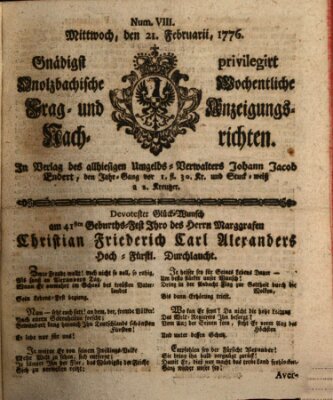 Onolzbachische wochentliche Frag- und Anzeigungsnachrichten (Ansbacher Intelligenz-Zeitung) Mittwoch 21. Februar 1776