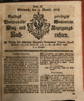 Onolzbachische wochentliche Frag- und Anzeigungsnachrichten (Ansbacher Intelligenz-Zeitung) Mittwoch 13. März 1776