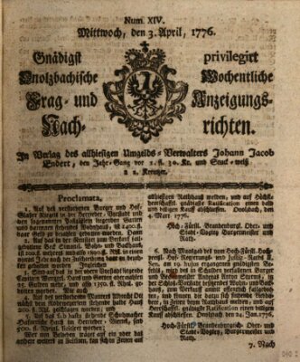 Onolzbachische wochentliche Frag- und Anzeigungsnachrichten (Ansbacher Intelligenz-Zeitung) Mittwoch 3. April 1776