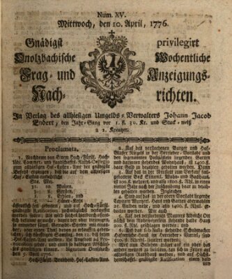 Onolzbachische wochentliche Frag- und Anzeigungsnachrichten (Ansbacher Intelligenz-Zeitung) Mittwoch 10. April 1776