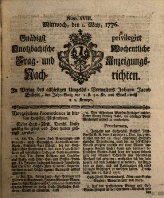 Onolzbachische wochentliche Frag- und Anzeigungsnachrichten (Ansbacher Intelligenz-Zeitung) Mittwoch 1. Mai 1776