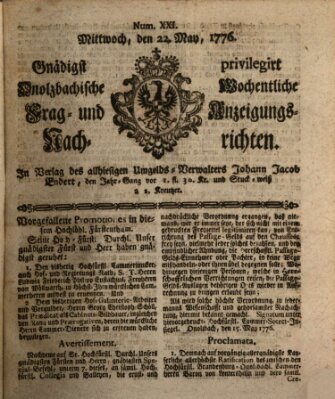 Onolzbachische wochentliche Frag- und Anzeigungsnachrichten (Ansbacher Intelligenz-Zeitung) Mittwoch 22. Mai 1776