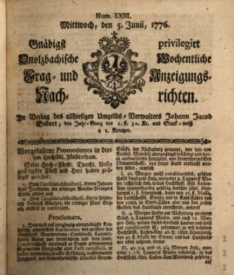 Onolzbachische wochentliche Frag- und Anzeigungsnachrichten (Ansbacher Intelligenz-Zeitung) Mittwoch 5. Juni 1776