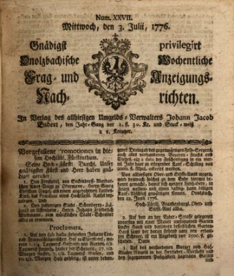 Onolzbachische wochentliche Frag- und Anzeigungsnachrichten (Ansbacher Intelligenz-Zeitung) Mittwoch 3. Juli 1776