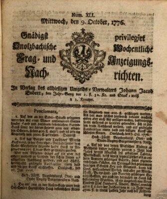 Onolzbachische wochentliche Frag- und Anzeigungsnachrichten (Ansbacher Intelligenz-Zeitung) Mittwoch 9. Oktober 1776