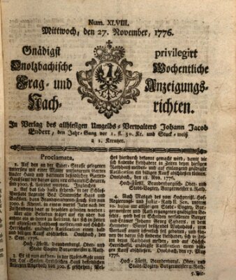 Onolzbachische wochentliche Frag- und Anzeigungsnachrichten (Ansbacher Intelligenz-Zeitung) Mittwoch 27. November 1776