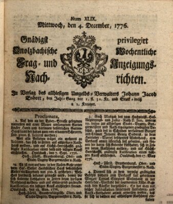 Onolzbachische wochentliche Frag- und Anzeigungsnachrichten (Ansbacher Intelligenz-Zeitung) Mittwoch 4. Dezember 1776