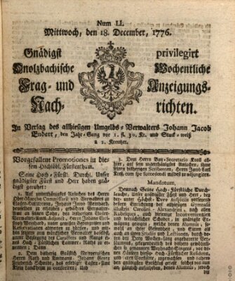 Onolzbachische wochentliche Frag- und Anzeigungsnachrichten (Ansbacher Intelligenz-Zeitung) Mittwoch 18. Dezember 1776