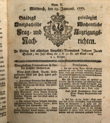 Onolzbachische wochentliche Frag- und Anzeigungsnachrichten (Ansbacher Intelligenz-Zeitung) Mittwoch 29. Januar 1777