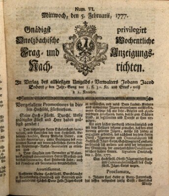 Onolzbachische wochentliche Frag- und Anzeigungsnachrichten (Ansbacher Intelligenz-Zeitung) Mittwoch 5. Februar 1777