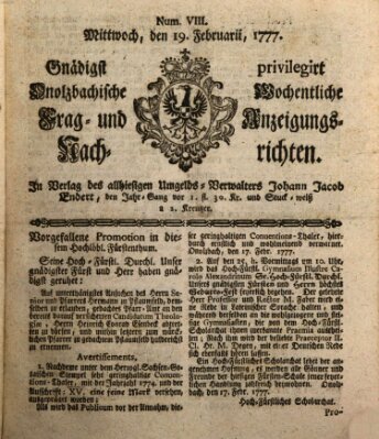 Onolzbachische wochentliche Frag- und Anzeigungsnachrichten (Ansbacher Intelligenz-Zeitung) Mittwoch 19. Februar 1777