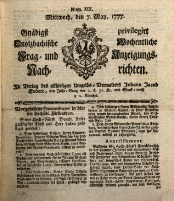 Onolzbachische wochentliche Frag- und Anzeigungsnachrichten (Ansbacher Intelligenz-Zeitung) Mittwoch 7. Mai 1777