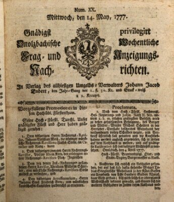 Onolzbachische wochentliche Frag- und Anzeigungsnachrichten (Ansbacher Intelligenz-Zeitung) Mittwoch 14. Mai 1777