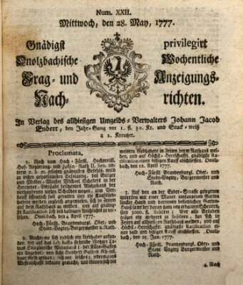 Onolzbachische wochentliche Frag- und Anzeigungsnachrichten (Ansbacher Intelligenz-Zeitung) Mittwoch 28. Mai 1777