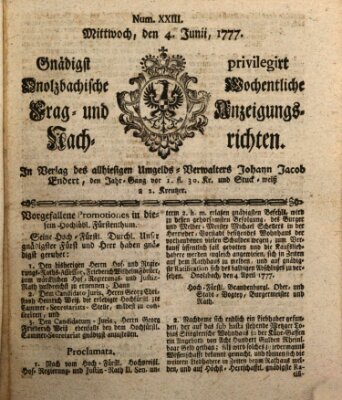 Onolzbachische wochentliche Frag- und Anzeigungsnachrichten (Ansbacher Intelligenz-Zeitung) Mittwoch 4. Juni 1777