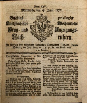 Onolzbachische wochentliche Frag- und Anzeigungsnachrichten (Ansbacher Intelligenz-Zeitung) Mittwoch 18. Juni 1777