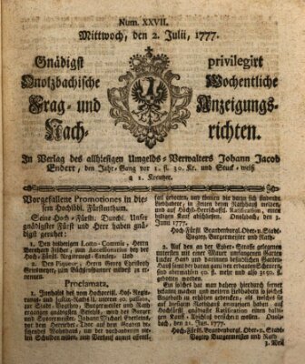 Onolzbachische wochentliche Frag- und Anzeigungsnachrichten (Ansbacher Intelligenz-Zeitung) Mittwoch 2. Juli 1777