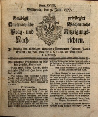 Onolzbachische wochentliche Frag- und Anzeigungsnachrichten (Ansbacher Intelligenz-Zeitung) Mittwoch 9. Juli 1777