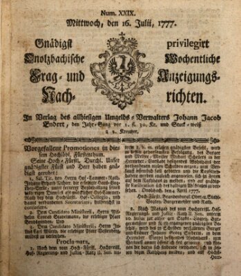 Onolzbachische wochentliche Frag- und Anzeigungsnachrichten (Ansbacher Intelligenz-Zeitung) Mittwoch 16. Juli 1777