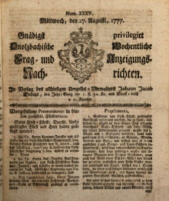 Onolzbachische wochentliche Frag- und Anzeigungsnachrichten (Ansbacher Intelligenz-Zeitung) Mittwoch 27. August 1777