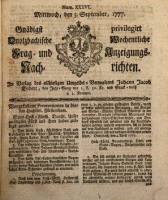 Onolzbachische wochentliche Frag- und Anzeigungsnachrichten (Ansbacher Intelligenz-Zeitung) Mittwoch 3. September 1777