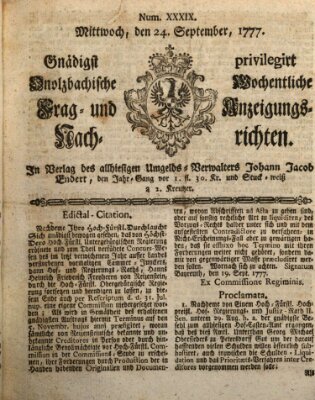 Onolzbachische wochentliche Frag- und Anzeigungsnachrichten (Ansbacher Intelligenz-Zeitung) Mittwoch 24. September 1777