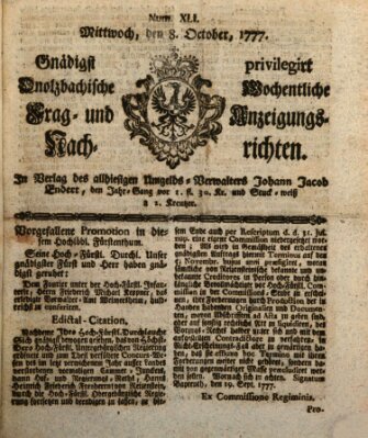 Onolzbachische wochentliche Frag- und Anzeigungsnachrichten (Ansbacher Intelligenz-Zeitung) Mittwoch 8. Oktober 1777