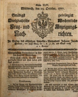 Onolzbachische wochentliche Frag- und Anzeigungsnachrichten (Ansbacher Intelligenz-Zeitung) Mittwoch 29. Oktober 1777