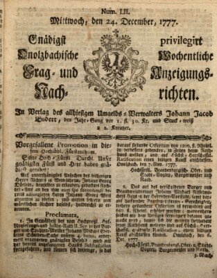 Onolzbachische wochentliche Frag- und Anzeigungsnachrichten (Ansbacher Intelligenz-Zeitung) Mittwoch 24. Dezember 1777