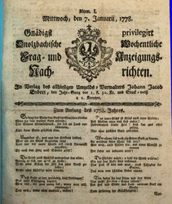 Onolzbachische wochentliche Frag- und Anzeigungsnachrichten (Ansbacher Intelligenz-Zeitung) Mittwoch 7. Januar 1778