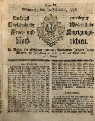 Onolzbachische wochentliche Frag- und Anzeigungsnachrichten (Ansbacher Intelligenz-Zeitung) Mittwoch 11. Februar 1778