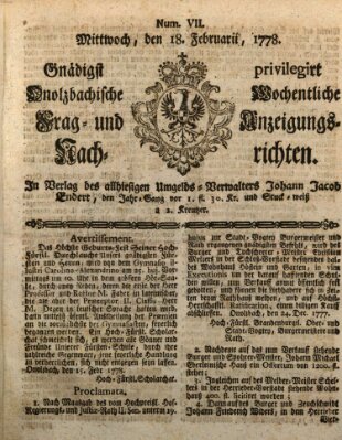 Onolzbachische wochentliche Frag- und Anzeigungsnachrichten (Ansbacher Intelligenz-Zeitung) Mittwoch 18. Februar 1778