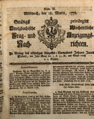 Onolzbachische wochentliche Frag- und Anzeigungsnachrichten (Ansbacher Intelligenz-Zeitung) Mittwoch 18. März 1778