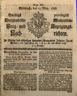 Onolzbachische wochentliche Frag- und Anzeigungsnachrichten (Ansbacher Intelligenz-Zeitung) Mittwoch 13. Mai 1778