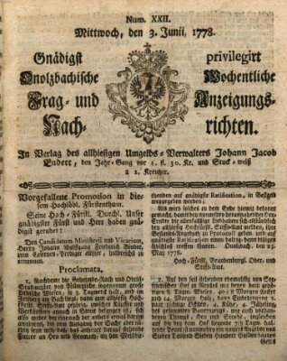 Onolzbachische wochentliche Frag- und Anzeigungsnachrichten (Ansbacher Intelligenz-Zeitung) Mittwoch 3. Juni 1778