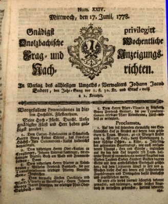 Onolzbachische wochentliche Frag- und Anzeigungsnachrichten (Ansbacher Intelligenz-Zeitung) Mittwoch 17. Juni 1778