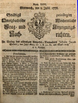 Onolzbachische wochentliche Frag- und Anzeigungsnachrichten (Ansbacher Intelligenz-Zeitung) Mittwoch 1. Juli 1778