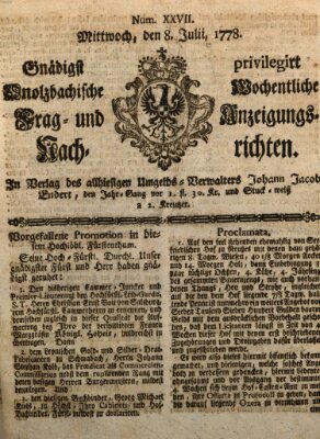 Onolzbachische wochentliche Frag- und Anzeigungsnachrichten (Ansbacher Intelligenz-Zeitung) Mittwoch 8. Juli 1778