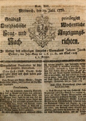 Onolzbachische wochentliche Frag- und Anzeigungsnachrichten (Ansbacher Intelligenz-Zeitung) Mittwoch 29. Juli 1778